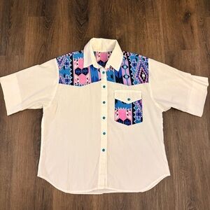 Vintage 90s Western Aztec Southwestern Short Sleeve Shirt White Men's Large EUC